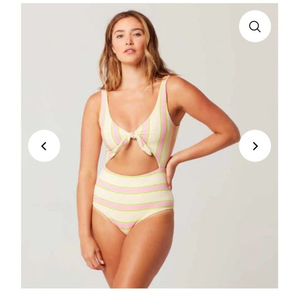 L*Space Bathing Suit One Piece Woman's Size 12 Pink Green Stripes Cut Outs